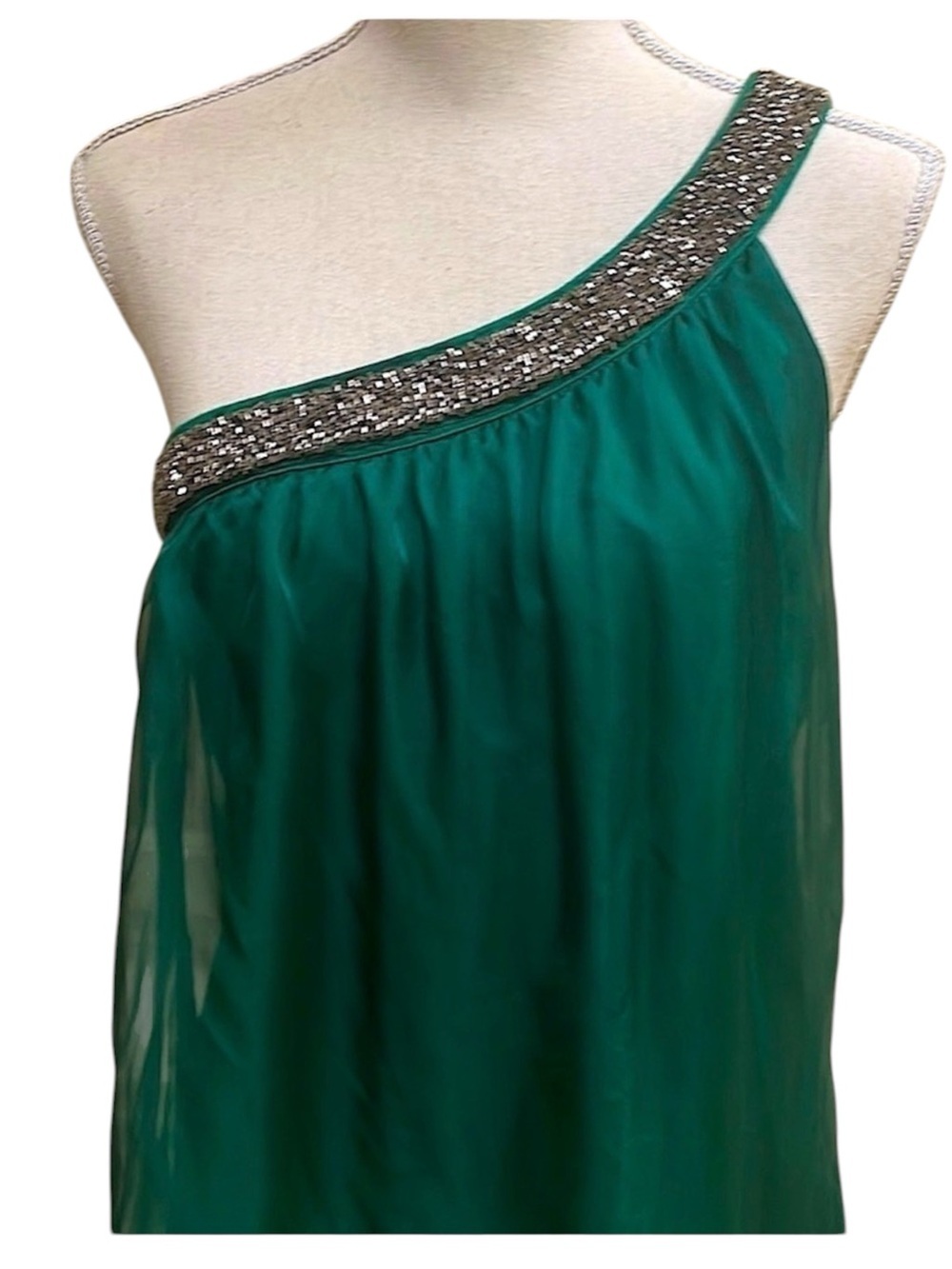 Parella xFrancesca’s Emerald Green One Shoulder Heavy Beaded Top Chiffon Overlay